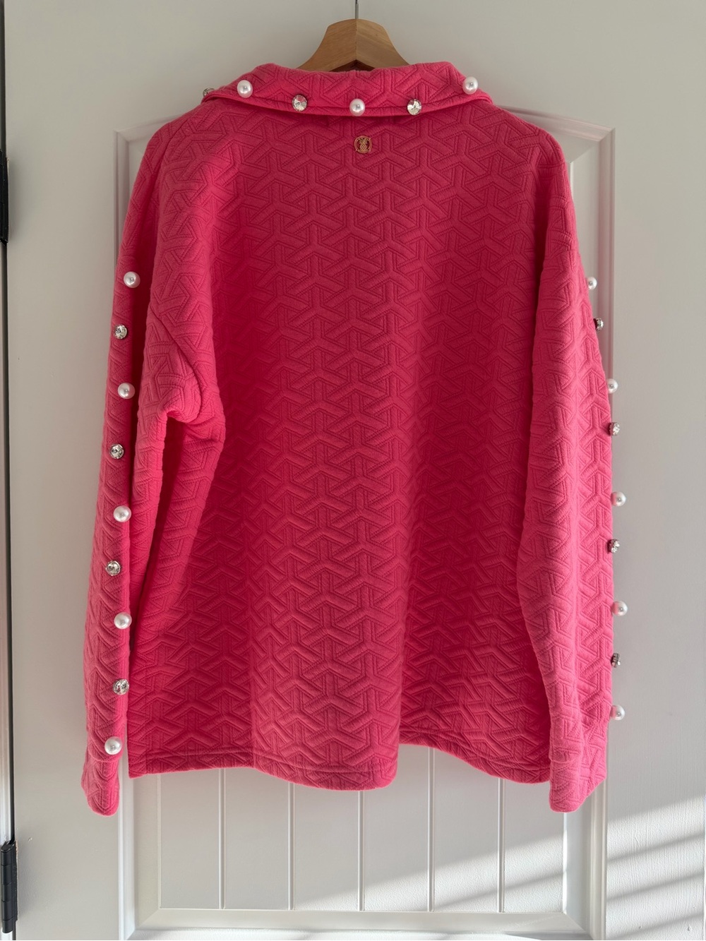 Simply Southern Hot Pink Quilted Knit Pullover w/ Pearl & Rhinestone Accents L - Picture 4 of 11